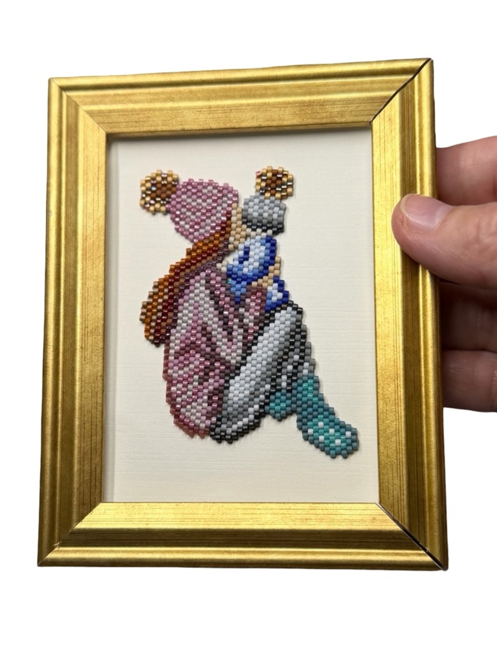 Handmade Beaded Mother & Child Framed Art Gold Frame Tiny Mini Gift